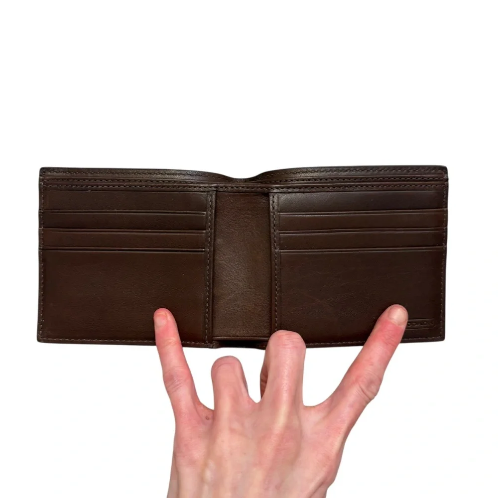 Coach 74493 mahogany brown navy blue striped men’s bifold leather wallet